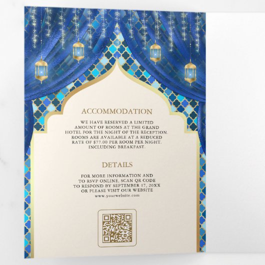 Blauw Goud Bloemengordijn Indische Hindoe Bruiloft Drieluik Uitnodiging (Binnenzijde eerst)