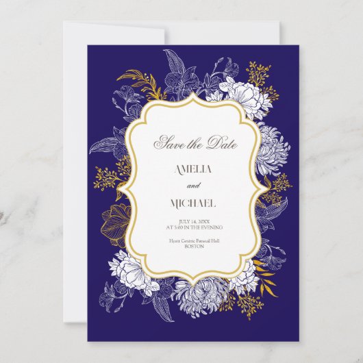 Blauw Goud Botanie Graphic Wedding Save The Date (Voorkant)