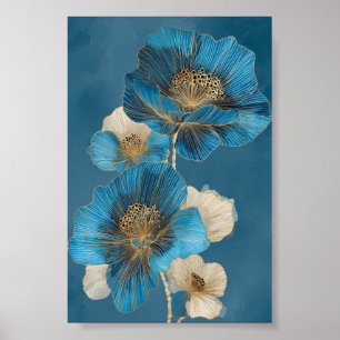 Blauw Goud Botanische Klaproos Lijnkunst Bloem Poster