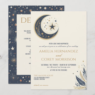 Blauw & Goud Celestial met Details Bruiloft Kaart