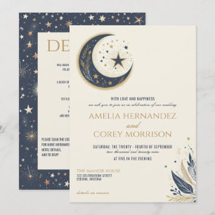 Blauw & Goud Celestial met QR Code Bruiloft Kaart