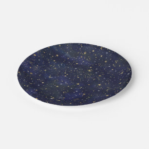 Blauw & Goud Celestiale Sterren Fantasievolle Wate Papieren Bordje