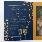 Blauw & Goud Champagne Bubbels, Trouwsuite Drieluik Uitnodiging (Binnenzijde eerst)