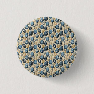 Blauw, Goud & Cream  eierpatroon Ronde Button 3,2 Cm