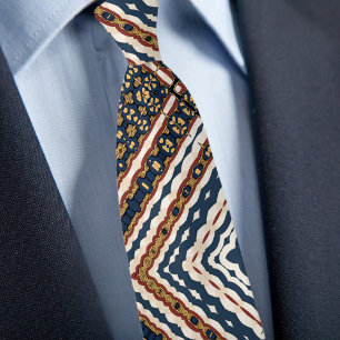Blauw Goud Crème Roestig Zig Zag Geometrisch Patro Stropdas