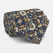 Blauw, Goud, Crème & Zwart Bloempatroon Stropdas (Opgerold)