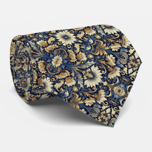 Blauw, Goud, Crème & Zwart Bloempatroon Stropdas