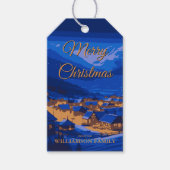 Blauw Goud Custom Winter Village Kerstmis Cadeaulabel (Voorkant)