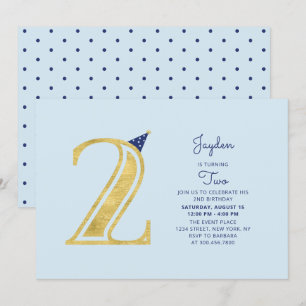 Blauw & Goud   Cute Moderne Jongen 2e Verjaardagsf Kaart