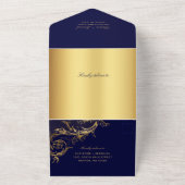 Blauw Goud Damask Kalligrafie Trouwen All In One Uitnodiging (Buitenkant)