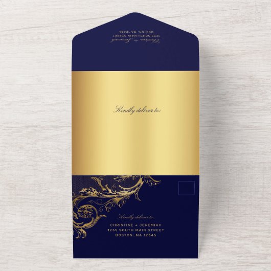 Blauw Goud Damask Kalligrafie Trouwen All In One Uitnodiging (Buitenkant)