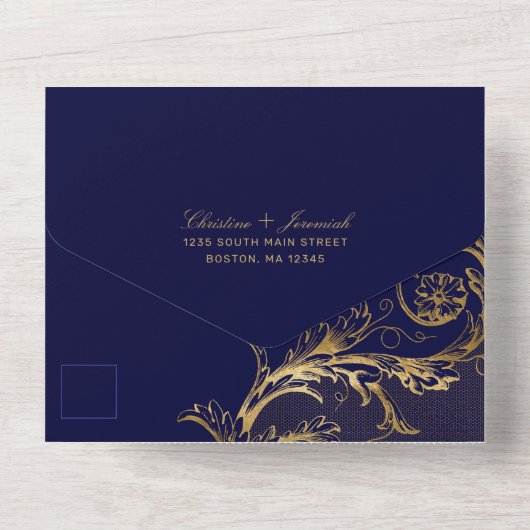 Blauw Goud Damask Kalligrafie Trouwen All In One Uitnodiging (Achterkant)
