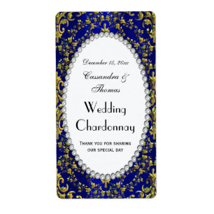  Blauw Goud Damast Parel V Wijnflesetiket Etiket