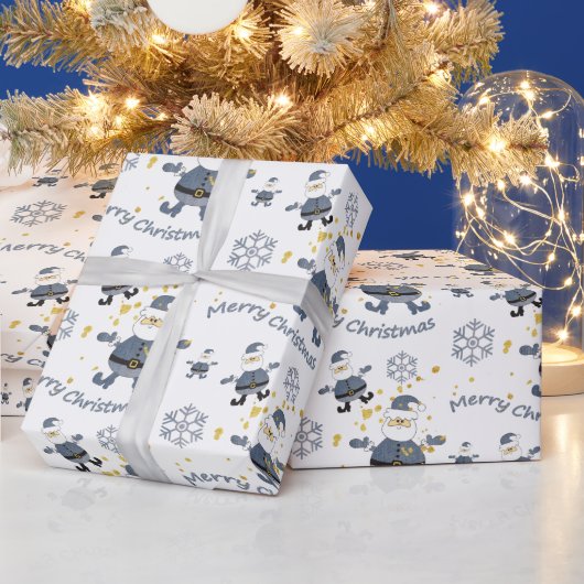 Blauw Goud Denim Mode Kerstmis Santa Pattern Cadeaupapier (Feestdagen)