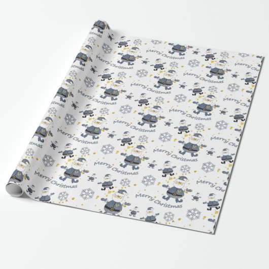Blauw Goud Denim Mode Kerstmis Santa Pattern Cadeaupapier (Uitgerold)