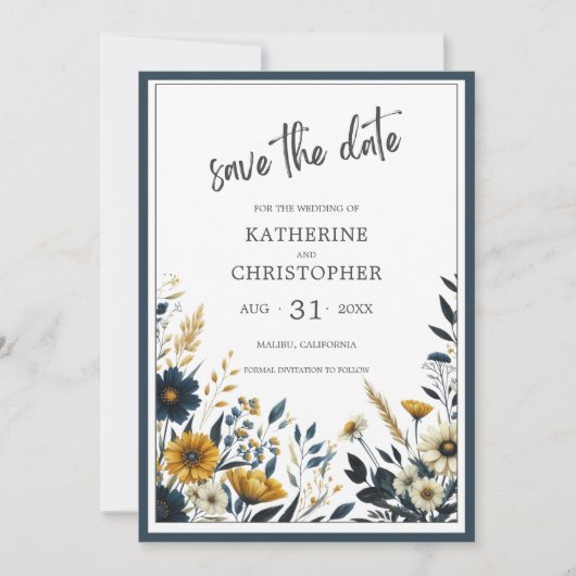 Blauw Goud Elegant Bloemen Bruiloft Save The Date (Voorkant)