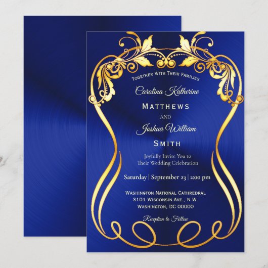 Blauw Goud Elegante bruiloft Kaart (Voorkant / Achterkant)