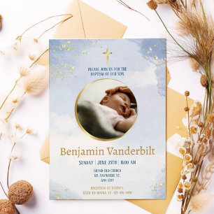 Blauw Goud Elegante Fotodoop met Gedicht Kaart