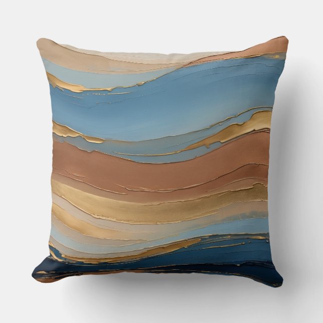 Blauw goud en brons penseelstreken kussen (Voorkant)