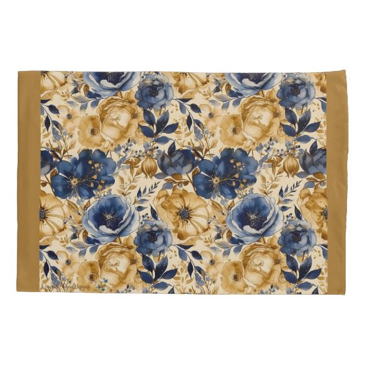 Blauw Goud en Tan Bloemen Standaard Kussensloop (Achterkant)