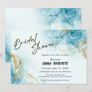 Blauw Goud en Wit Elegante Waterverf Bruid Kaart