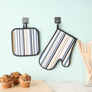 Blauw Goud en Wit Strand Kleur Strepen Ovenwant & Pannenlap Set