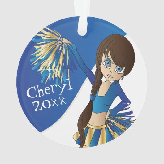 Blauw, goud en witte Cheerleader Girl 📣 Ornament (achterkant)