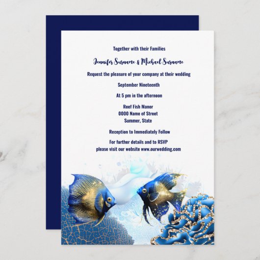 Blauw goud engel vis eiland rif strand chic kaart (Voorkant / Achterkant)