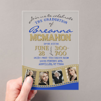 Blauw & Goud Foto Afstuderen Filmstrip Frosted Acryl Uitnodigingen