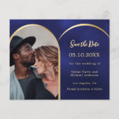 Blauw goud foto boog bruiloft Save the Date kaart (Voorkant)