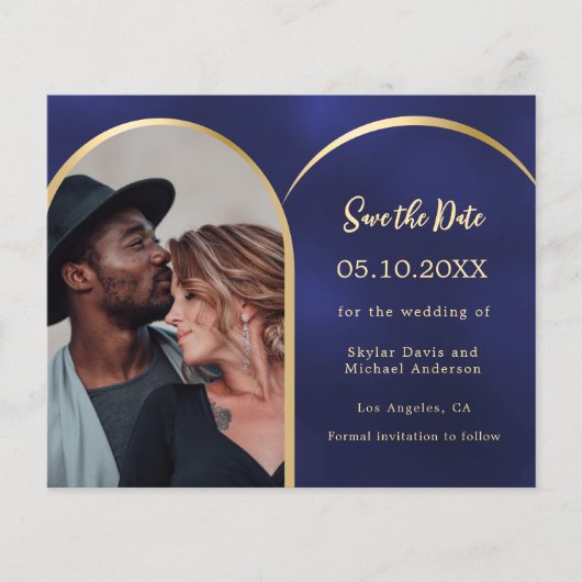 Blauw goud foto boog bruiloft Save the Date kaart (Voorkant)