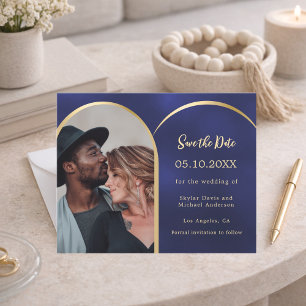 Blauw goud foto boog bruiloft Save the Date kaart
