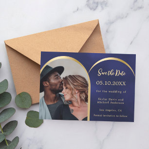 Blauw goud foto boog bruiloft Save the Date kaart