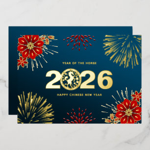 Blauw Goud Gelukkig Chinees Nieuwjaar van het Paar Folie Feestdagenkaart