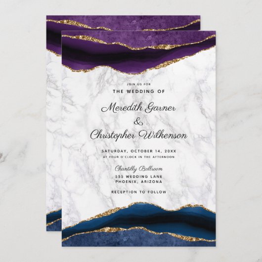 Blauw Goud Geode Paarse Agaat Bruiloft Kaart (Voorkant / Achterkant)