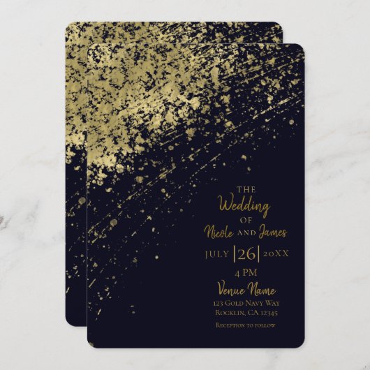 Blauw & Goud Glamour Paint Splatter Modern Wedding Kaart (Voorkant / Achterkant)