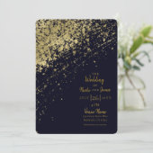Blauw & Goud Glamour Paint Splatter Modern Wedding Kaart (Staand voorkant)