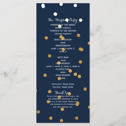 Blauw & Goud Glanzend Faux Folie Confetti Programm Programma (Achterkant)