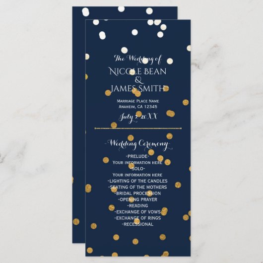 Blauw & Goud Glanzend Faux Folie Confetti Programm Programma (Voorkant / Achterkant)