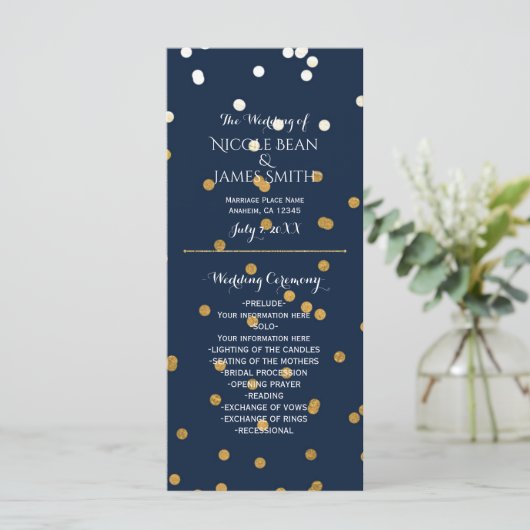 Blauw & Goud Glanzend Faux Folie Confetti Programm Programma (Staand voorkant)