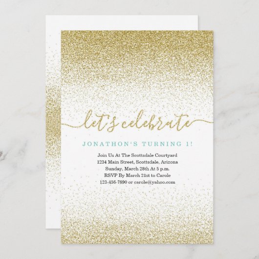 Blauw & Goud Glitter 1e Verjaardag Uitnodiging EER (Voorkant / Achterkant)