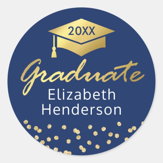 Blauw Goud Glitter Afstuderen Afstuderen Ronde Sticker (Voorkant)