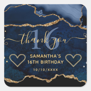 Blauw & Goud Glitter Agate Marmer Sweet 16 Vierkante Sticker