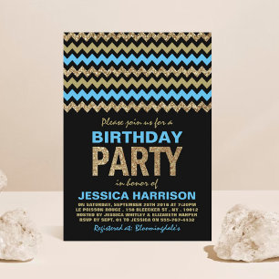 Blauw & Goud Glitter Chevron Verjaardagsfeestje Kaart