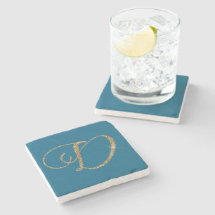 Blauw Goud Glitter Letter D Stenen Onderzetter