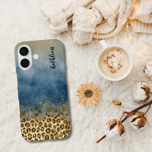 Blauw Goud Glitter Luipaardprint Monogram Naam Case-Mate iPhone Case
