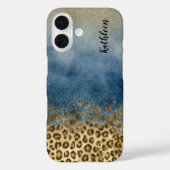 Blauw Goud Glitter Luipaardprint Monogram Naam Case-Mate iPhone Case (Achterkant)