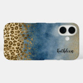 Blauw Goud Glitter Luipaardprint Monogram Naam Case-Mate iPhone Case (Achterkant (horizontaal))