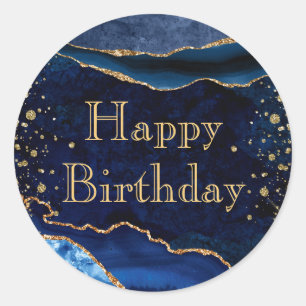 Blauw & Goud Glitter Marmer Agaat Verjaardag Ronde Sticker