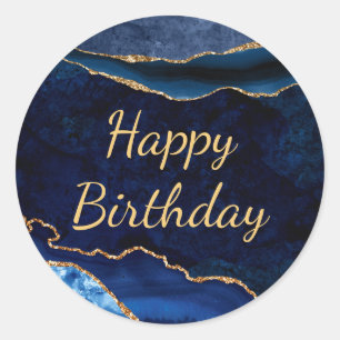 Blauw & Goud Glitter Marmer Agaat Verjaardag Ronde Sticker